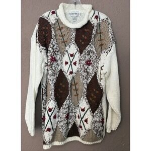 VTG Extra Touch International Hand Knit Chunky Argyle Floral Embroidery Sweater